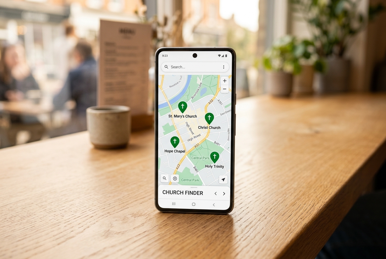 A mobile phone screen showing a local map with church pin locations
