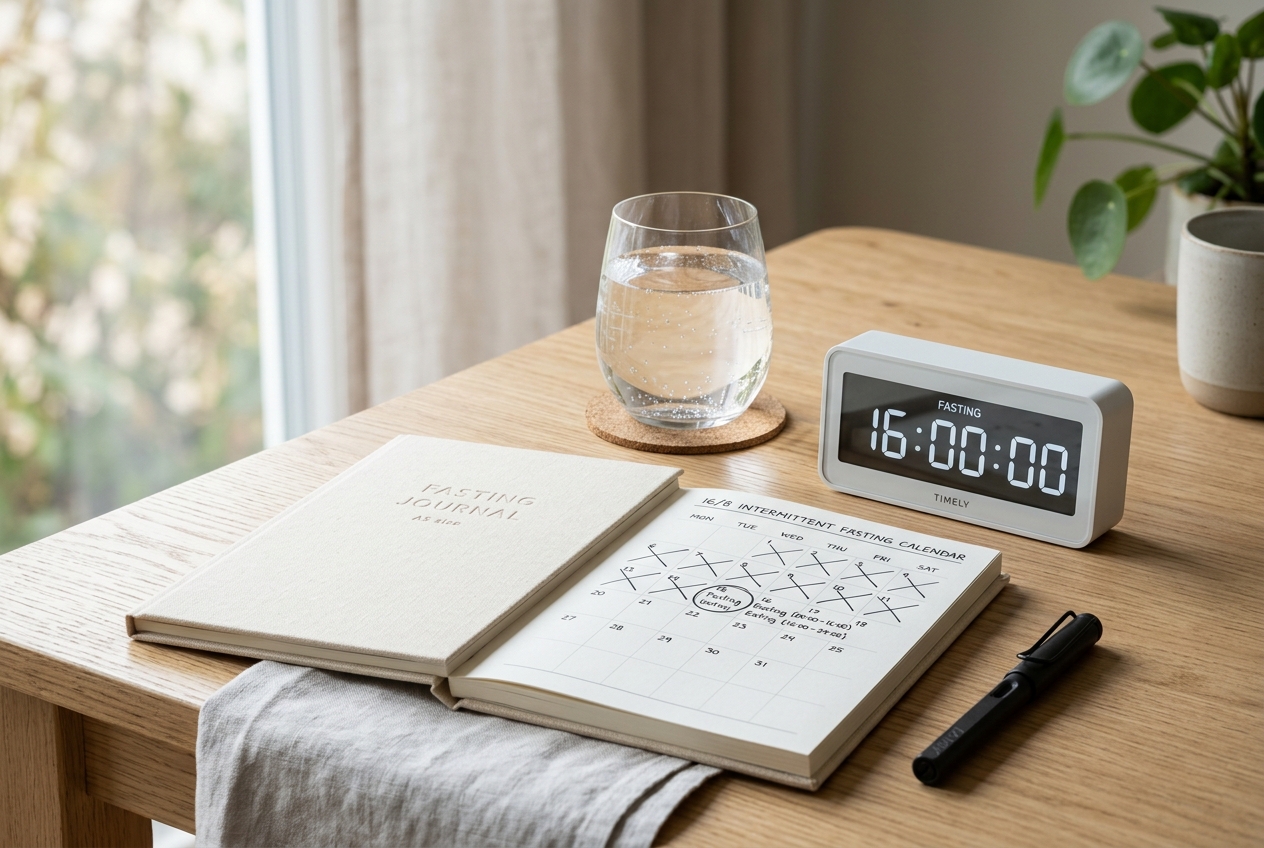 A glass of water and a timer showing a 16-hour fasting countdown next to a planner