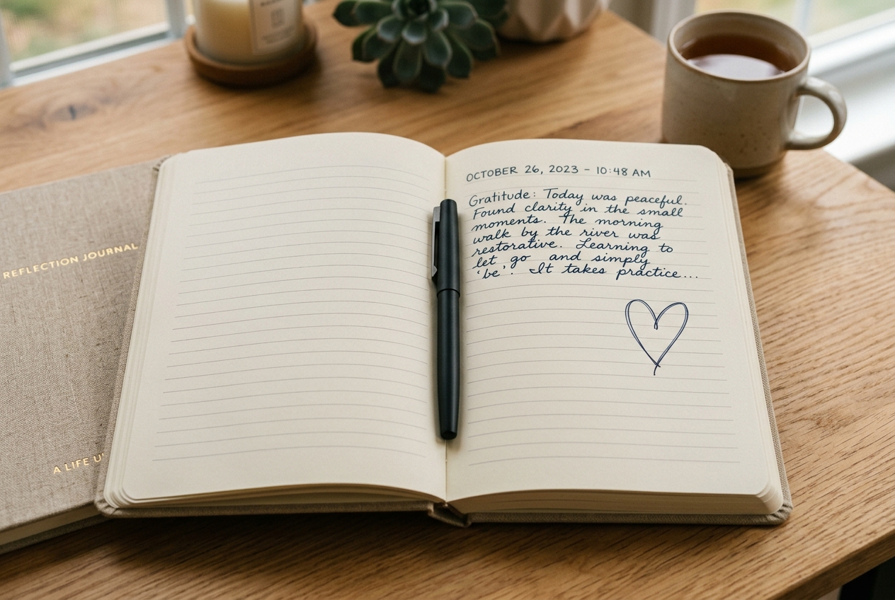 An open journal page showing a sketch of a heart next to handwritten thoughts