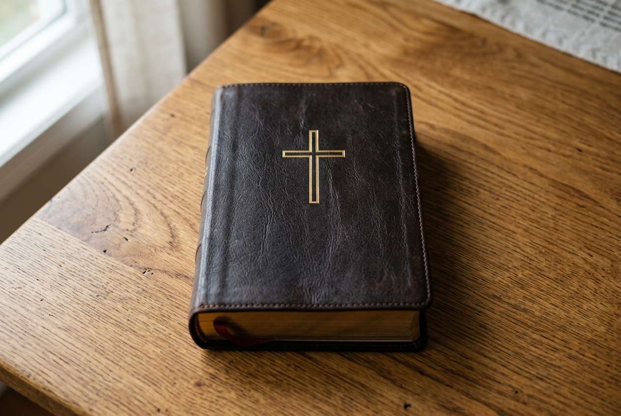 A closed leather-bound Holy Bible with a gold cross on the cover
